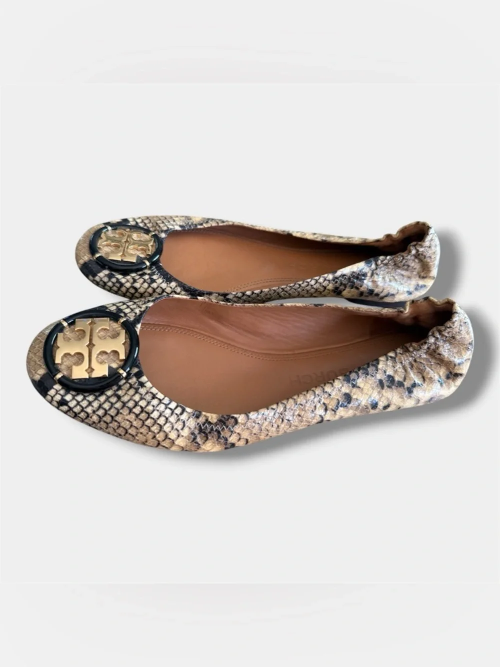 Tory Burch Snake Print Flats Gold Logo Medallion Ballet Shoes Women’s 10M